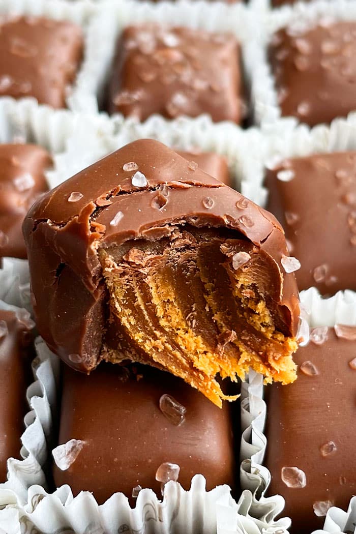 Partially Eaten Caramel Chocolate Square- Closeup Shot