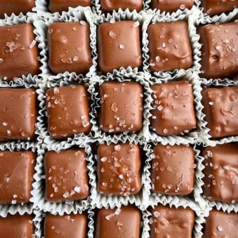 Easy Homemade Chocolate Caramel Candy Squares in White Wrappers in a Box