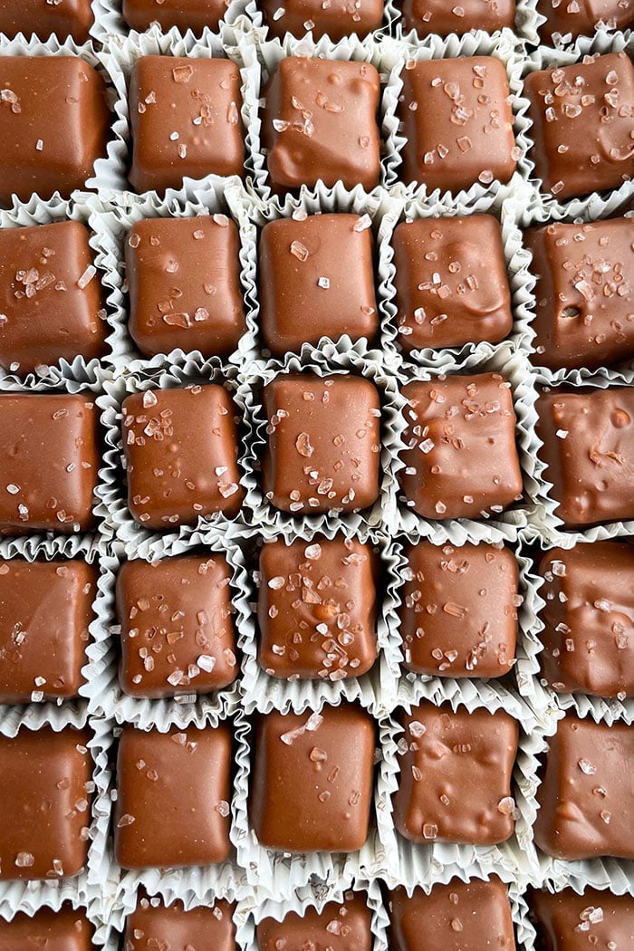 Easy Homemade Salted Chocolate Caramel in Box With Individual White Wrappers