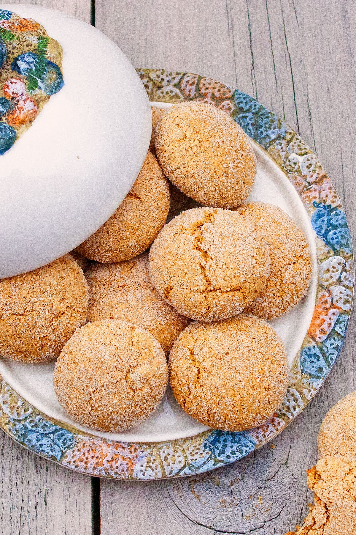 Best Spiced Candied Ginger Cookies on White Dish With Colorful Rim. 