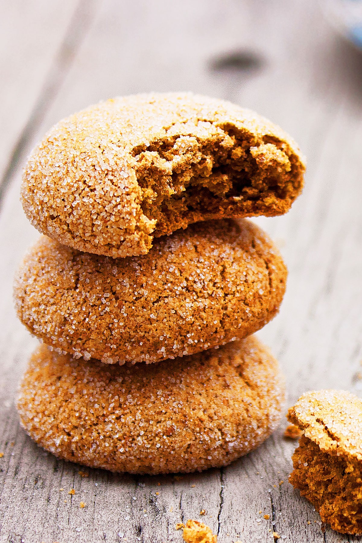 Stack of Easy Ginger Molasses Cookies on Rustic Gray Background.