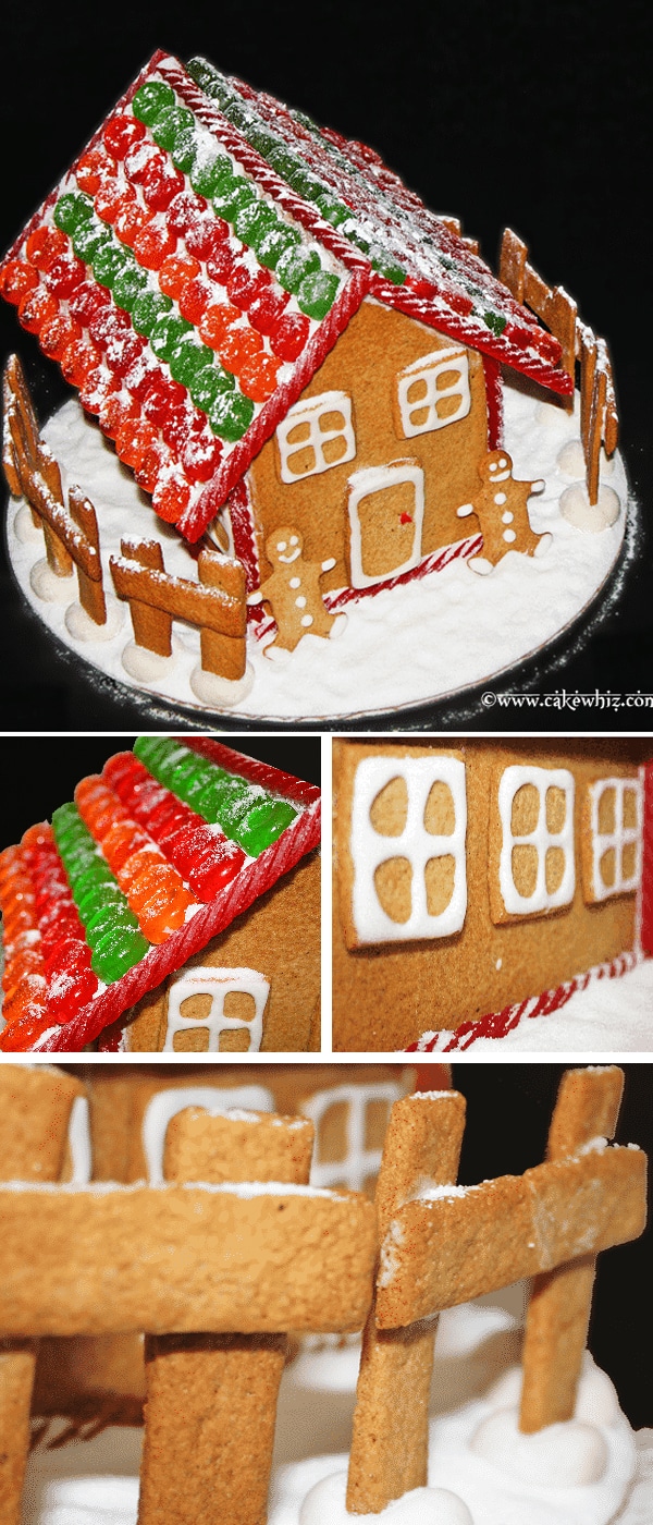 Christmas Ginger Cookie House With Black Background- Collage Image With Multiple Closeups 