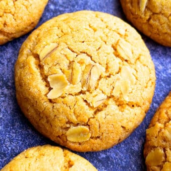 Easy Pumpkin Oatmeal Cookies on Grayish Blue Background- Closeup Shot