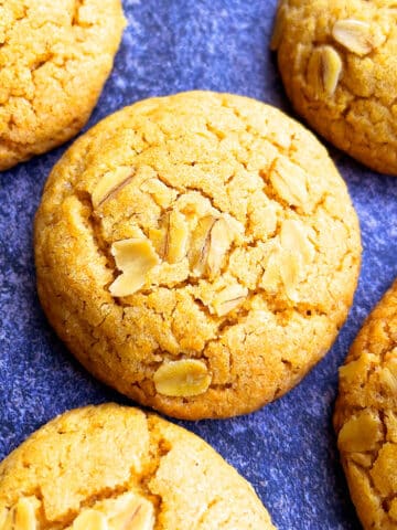 Easy Pumpkin Oatmeal Cookies on Grayish Blue Background- Closeup Shot