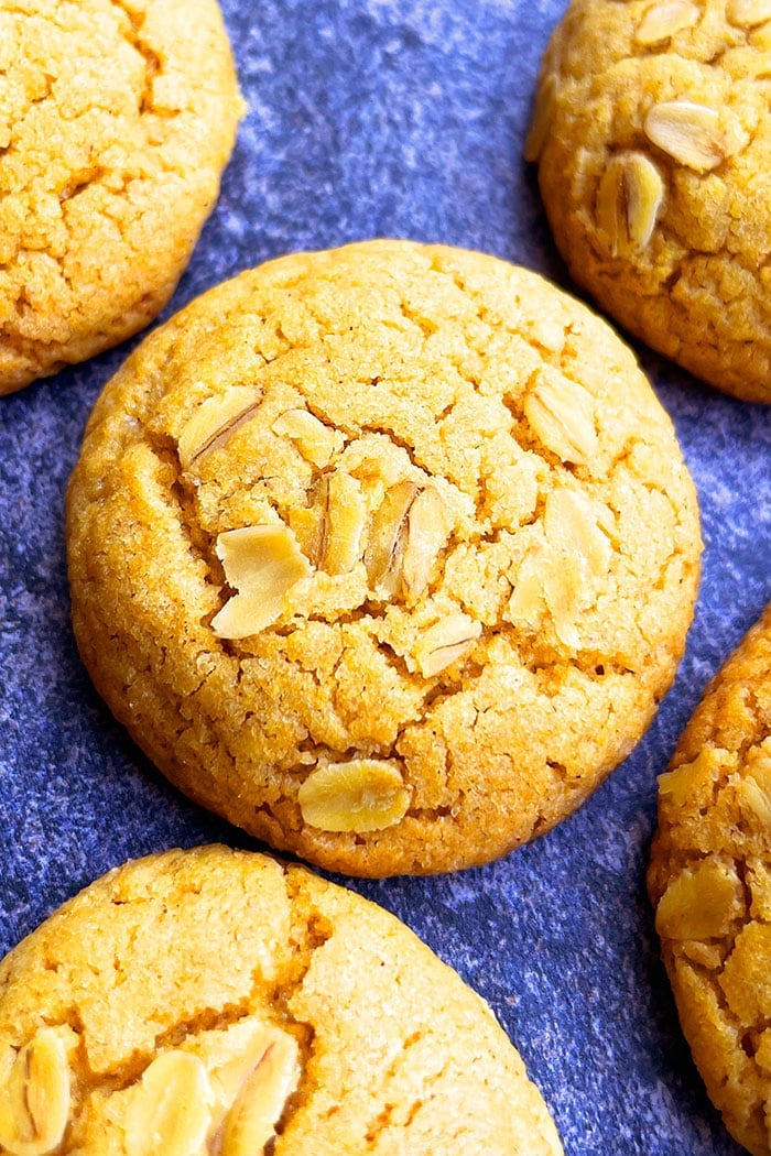 Easy Pumpkin Oatmeal Cookies on Grayish Blue Background- Closeup Shot