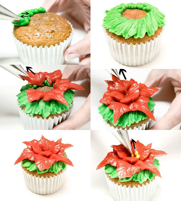 Collage Image With Step by Step Pictures on How to Make Poinsettia Cupcakes With Buttercream Icing