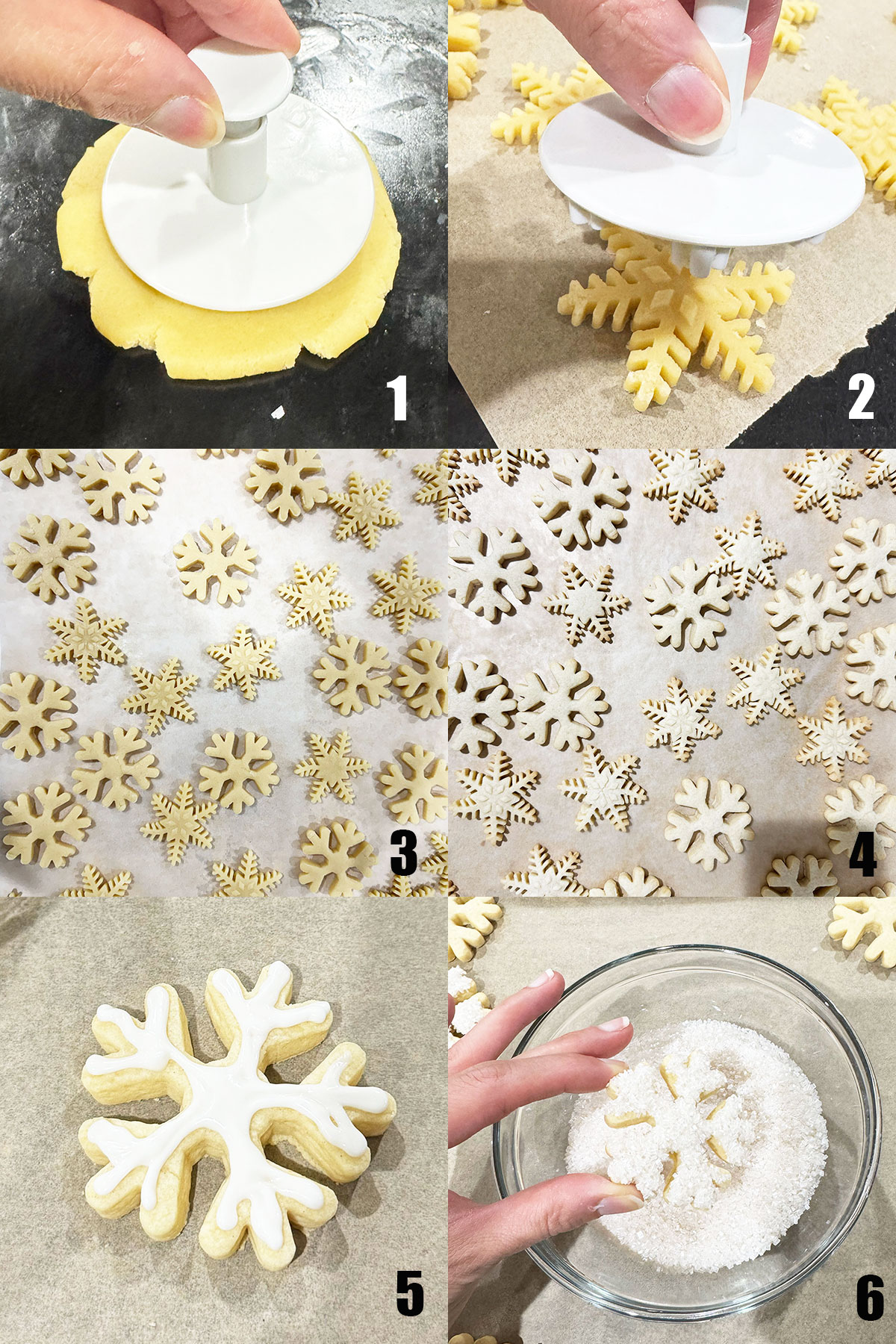 Collage image with step by step process shots on how to make winter cookies. 