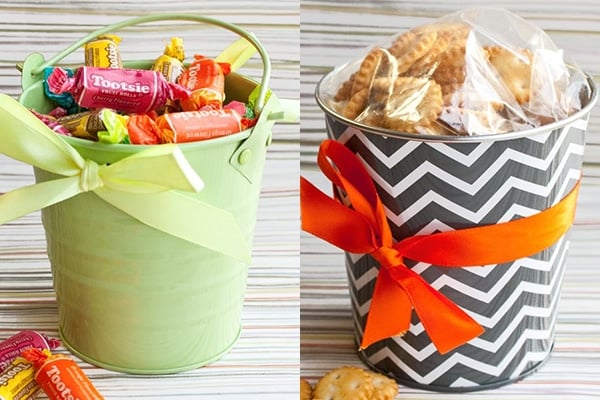 Small Metal Buckets Filled With Candies and Cookies 