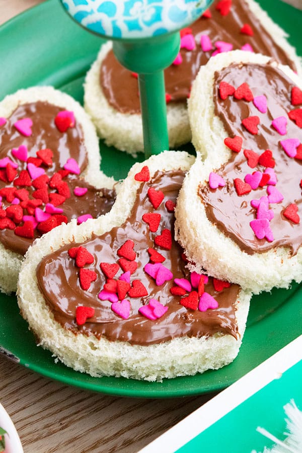 Heart Nutella Sandwich With Sprinkles on Green Dish- Open Faced