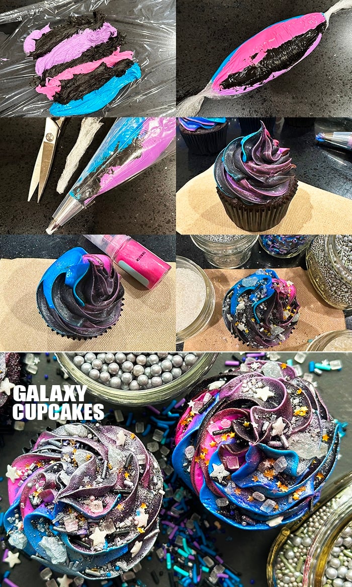 Collage Image With Step By Step Pictures on How to Make Galaxy Cupcakes With Buttercream Icing (Frosting)