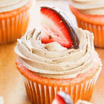 Easy Chocolate Strawberry Cupcakes (Valentine's Day Cupcakes) on Wood Background