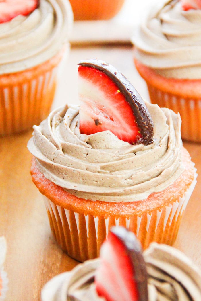 Easy Chocolate Strawberry Cupcakes (Valentine's Day Cupcakes) on Wood Background