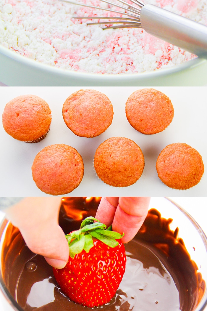 Collage Image With Step by Step Pictures on How to Make Chocolate Strawberry Cupcakes