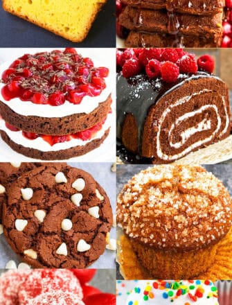Collage Image With Many Easy Cake Mix Desserts (Cakes, Cupcakes, Cookies, Bread, Truffles)