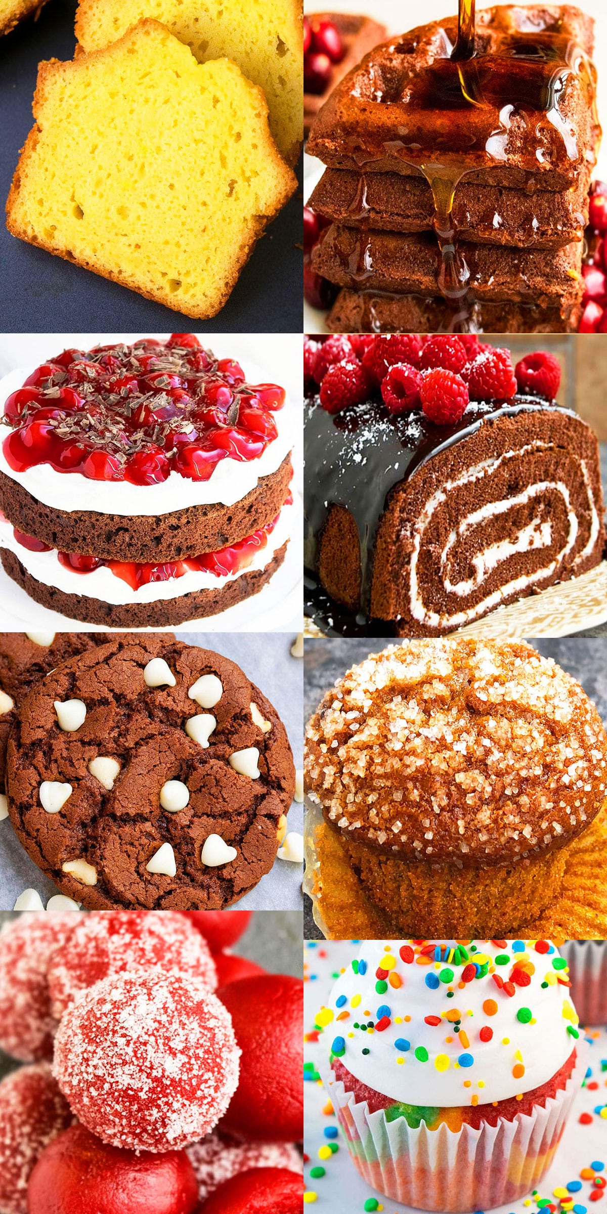 Collage Image With Many Easy Doctored Cake Mix Desserts (Cakes, Cupcakes, Cookies, Bread, Truffles, Donuts, Waffles)