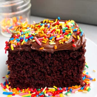 Slice of Easy Chocolate Sheet Cake With Cake Mix Frosted With Fudgy Chocolate Icing And Sprinkles on White Plate
