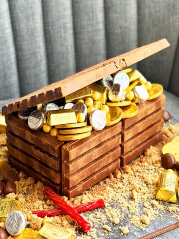 Easy Homemade Treasure Chest Cake With Kit Kat on Gray Background