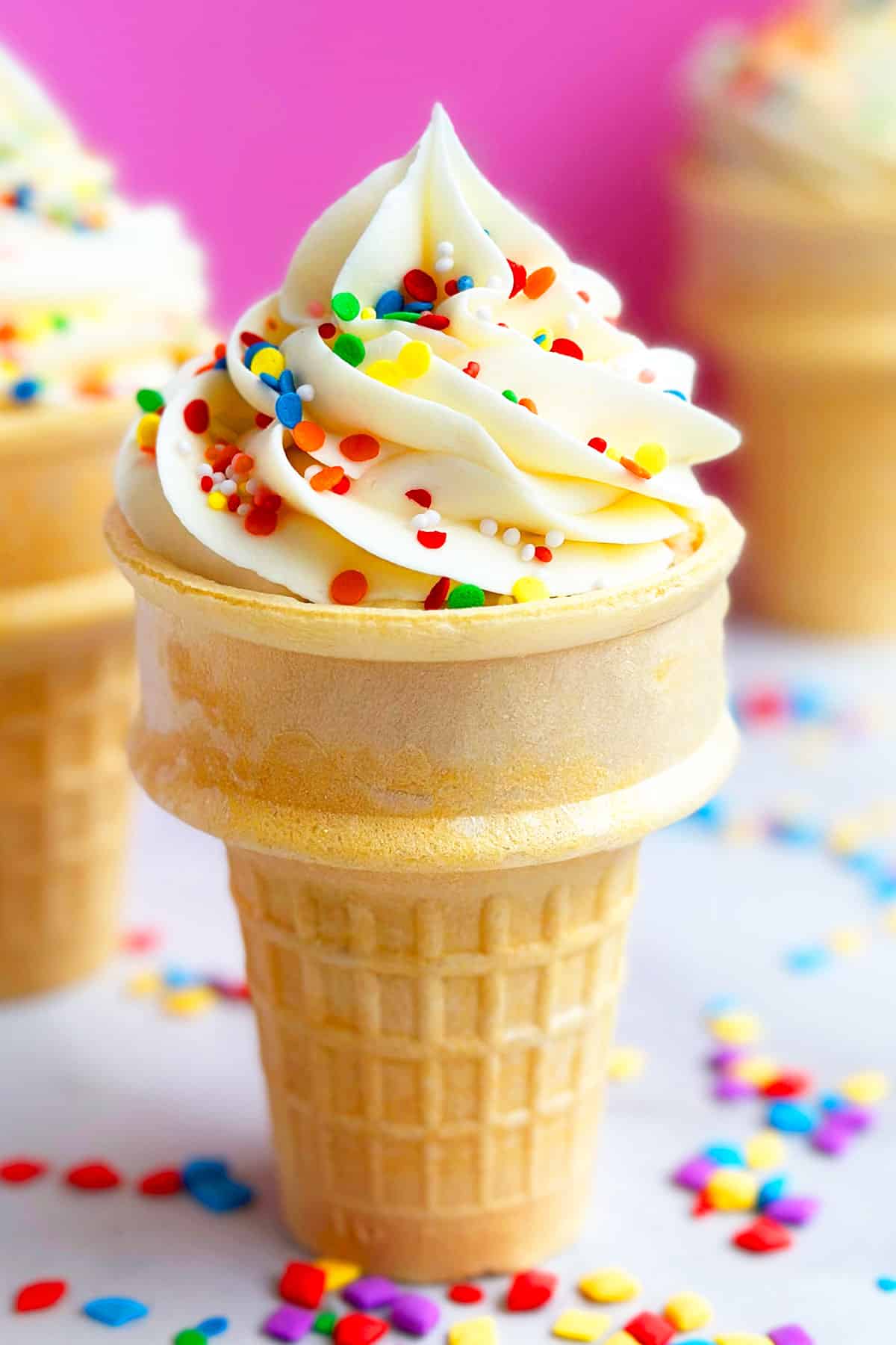 Easy Ice Cream Cone Cupcakes With Cake Mix on White and Pink Background