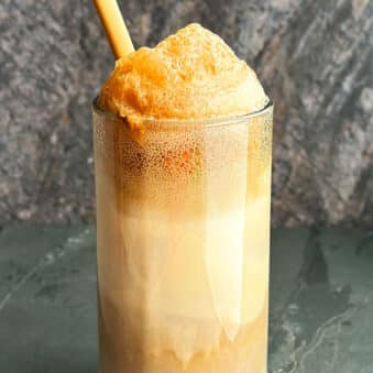 Easy Root Beer Float in Big Glass Mug on Rustic Gray Background
