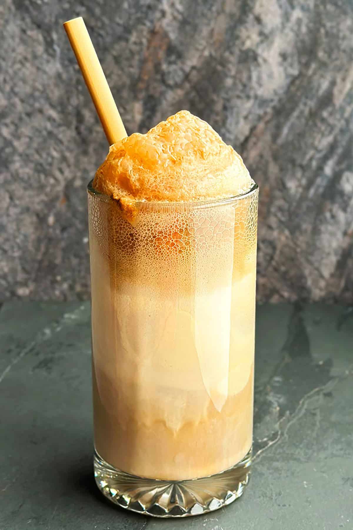 Easy Root Beer Float in Big Glass Mug  on Rustic Gray Background