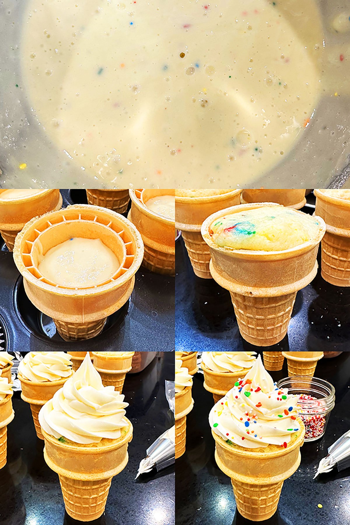 Collage Image With Step by Step Pictures on How to Make Easy Ice Cream Cone Cupcakes 