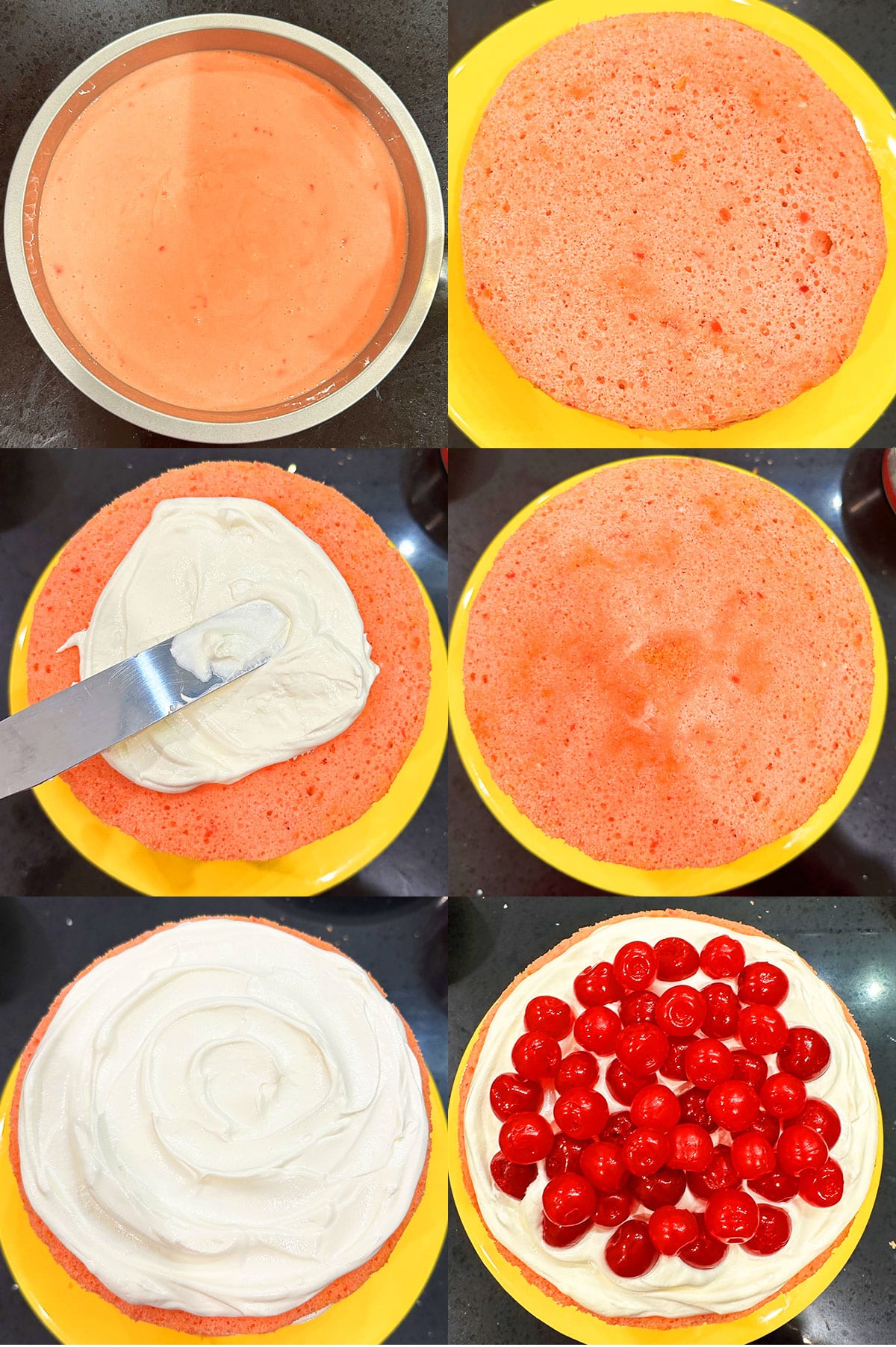 Collage Image With Step by Step Pictures on How to Make Cherry Cake