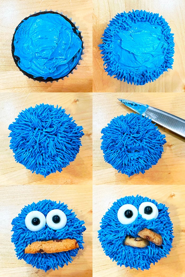 Collage Image With Step by Step Pictures on How to Make Cookie Monster Cupcakes (Sesame Street)