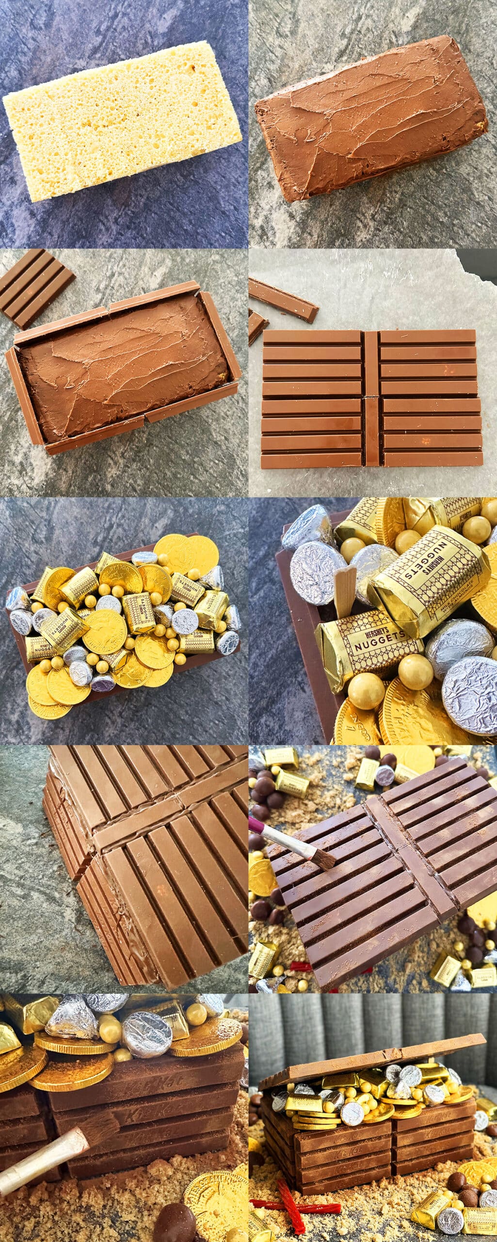 Collage Image With Step by Step Pictures on How to Make Pirate Treasure Chest Cake With Kit Kat
