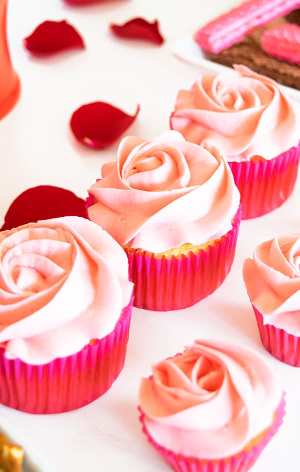 Pink Rose Cupcakes on White Table