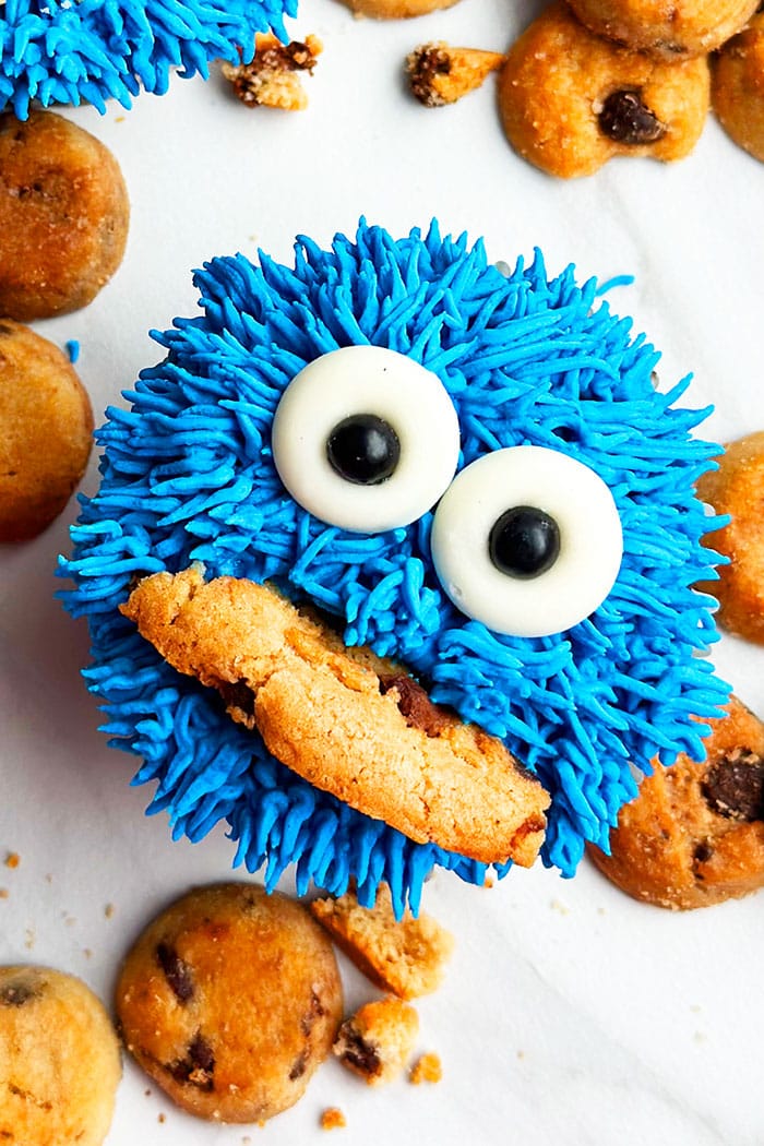 Easy Cookie Monster Cupcakes Piped With Buttercream Icing on White Background
