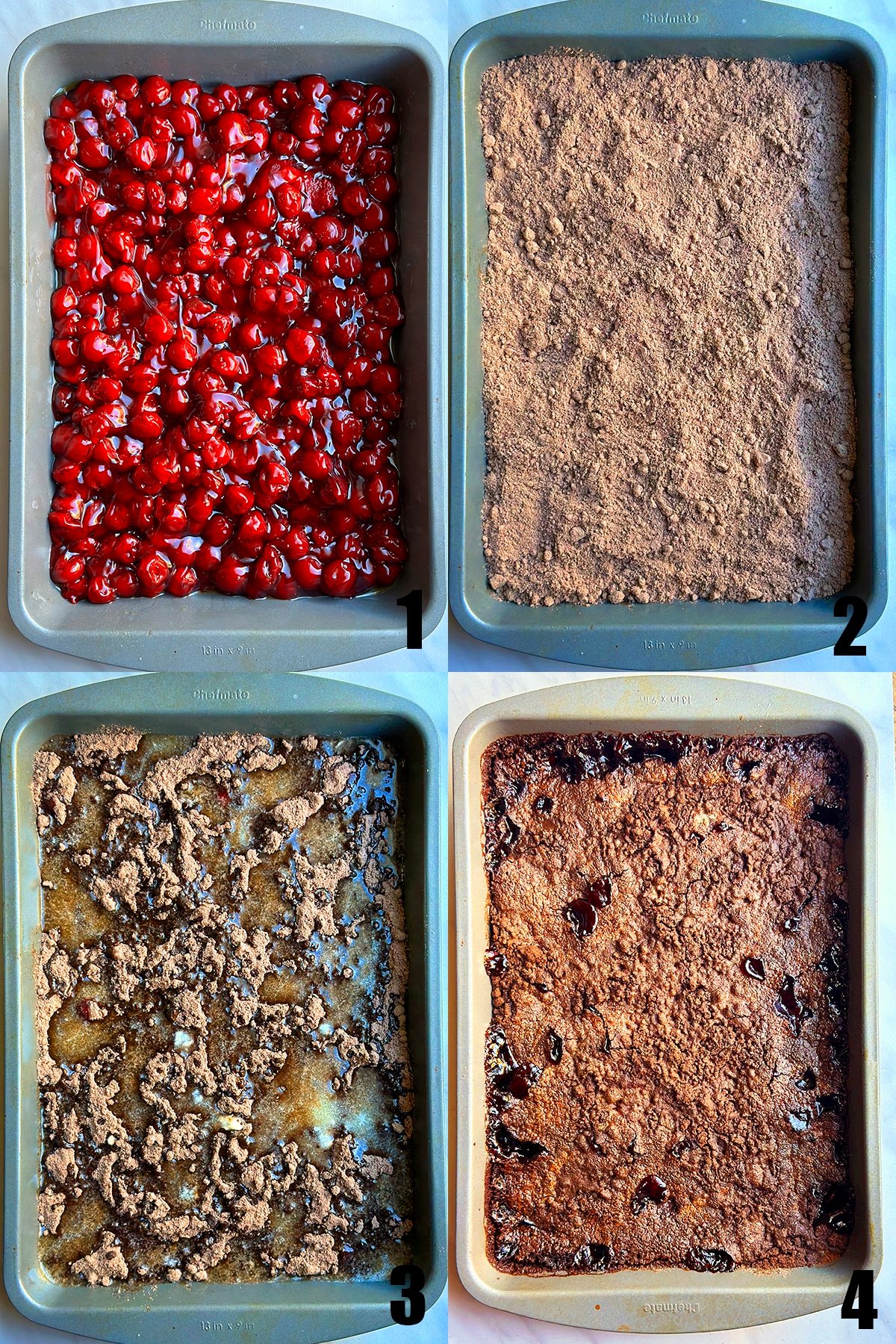 Collage Image With Step by Step Pictures on How to Make Chocolate Cherry Dump Cake- Process Shots