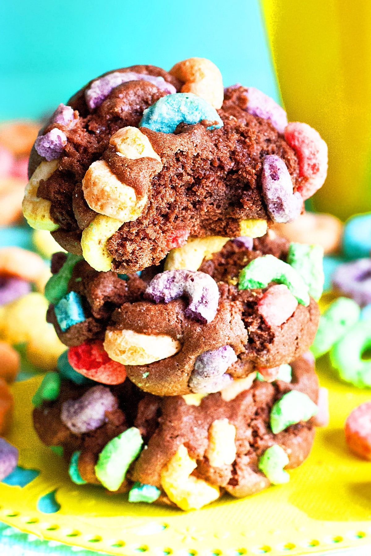 Stack of Crispy Chocolate Cookies on Colorful Background