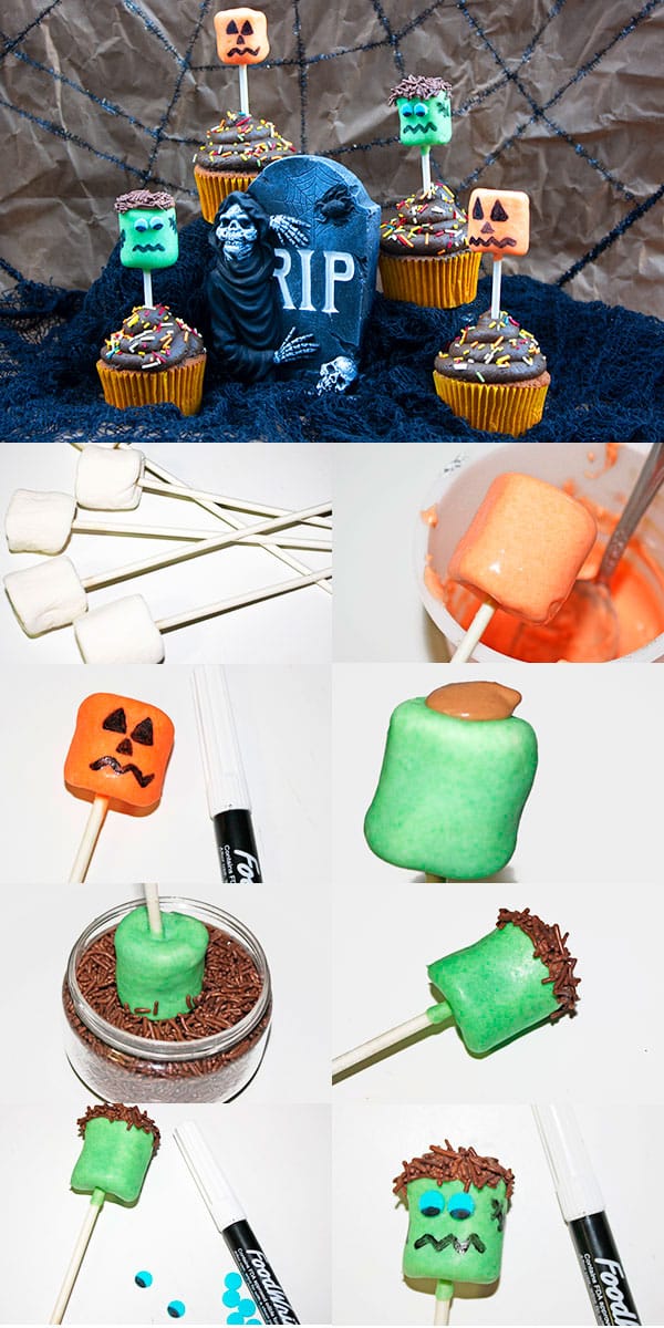 Collage Image With Step By Step Pictures on How to Make Frankenstein and Jack O'Lantern Pops