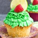 Easy Lemon Raspberry Cupcakes With Cream Cheese Frosting and Liner Removed.