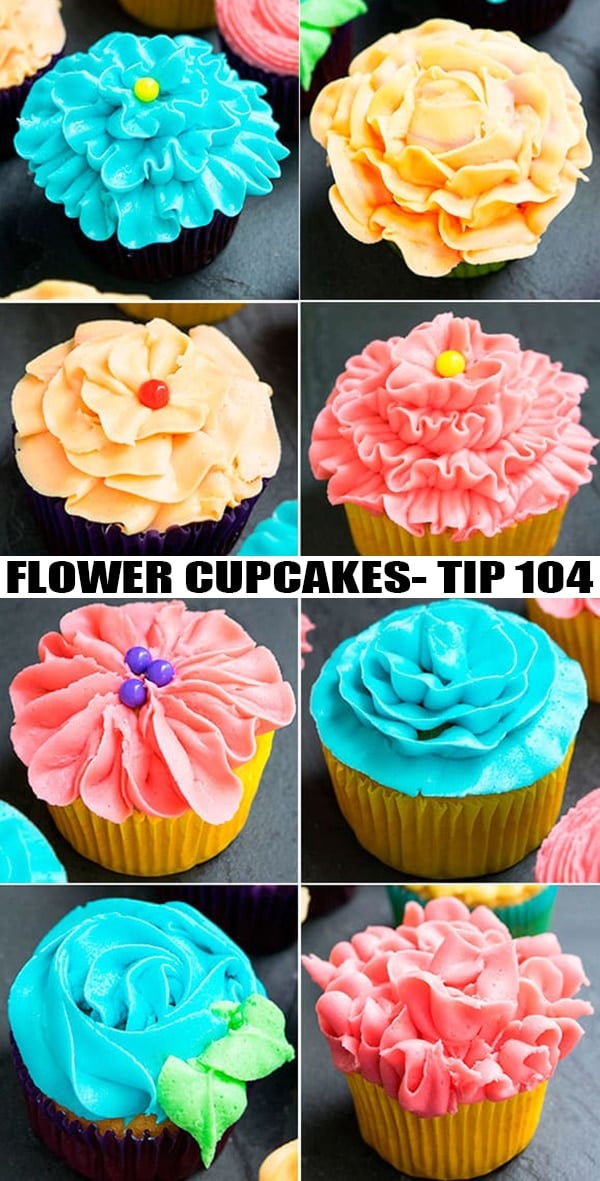 Collage Image With Many Piped Flower Cupcakes Using Tip 104
