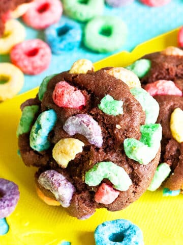 Easy Cereal Cookies With Chocolate Cake Mix and Froot Loops on Colorful Background