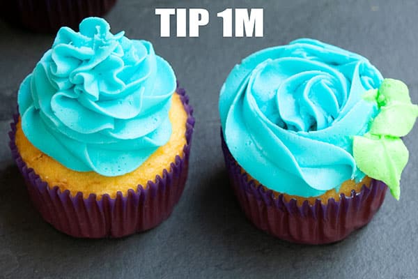 Two Cupcake Designs That Can be Made With Tip 1M on Rustic Gray Background