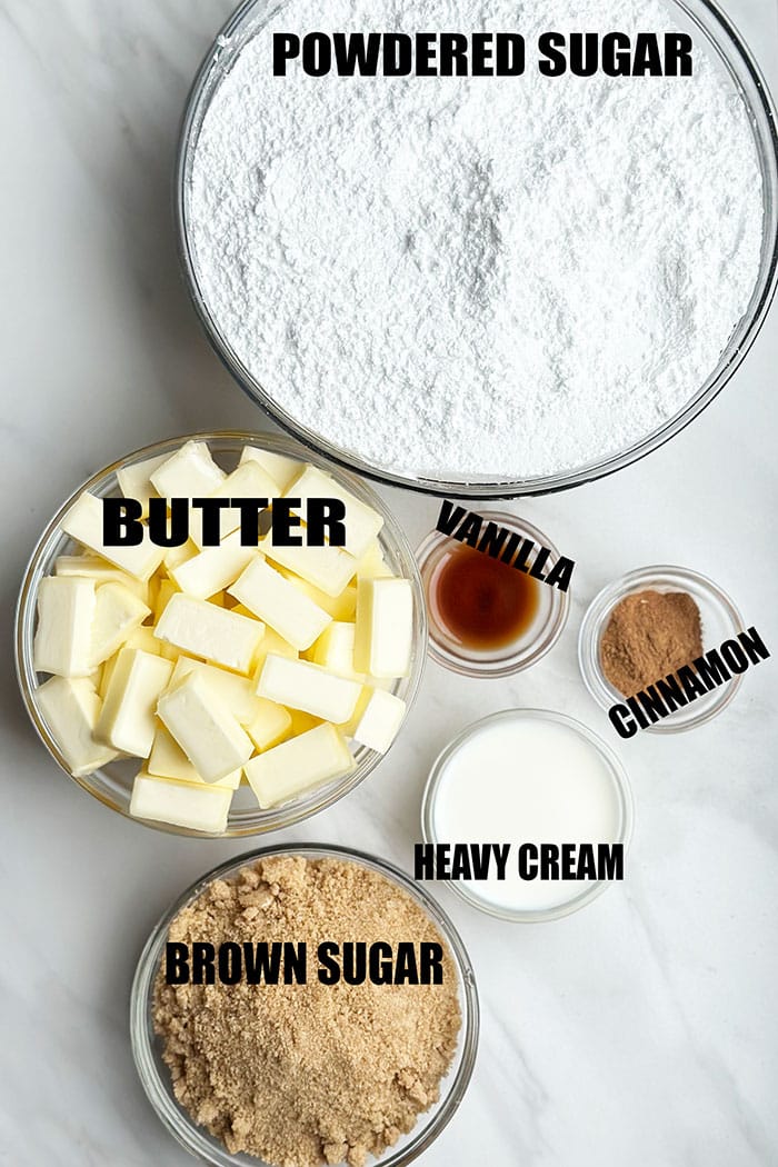 Ingredients For Brown Sugar Icing in Glass Bowls on White Background
