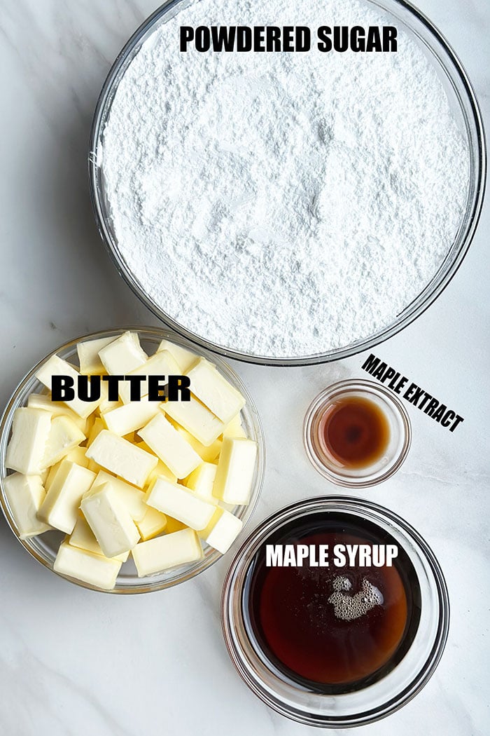 Ingredients For Homemade Maple Buttercream Icing in Glass Bowls