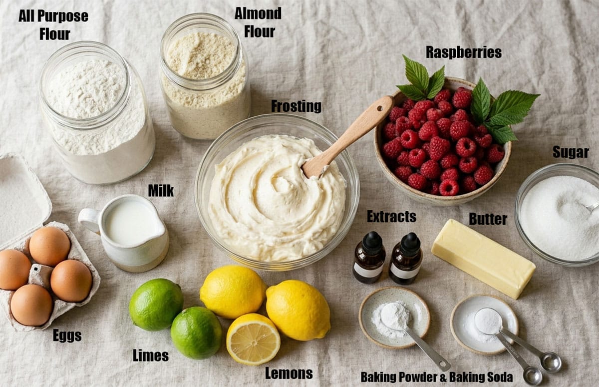 Ingredients for recipe on neutral colored tablecloth.