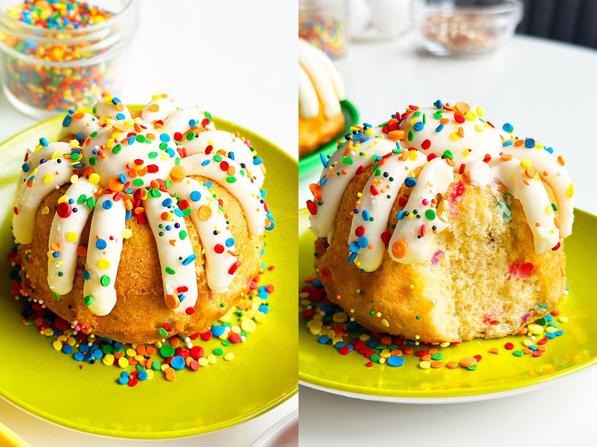 Mini Funfetti Bundt Cake With Cake Mix on Greenish Yellow Dish and White Background