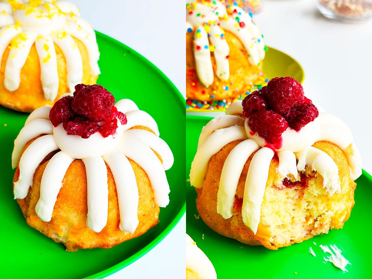Mini Lemon Raspberry Bundt Cake With Cake Mix on Green Dish
