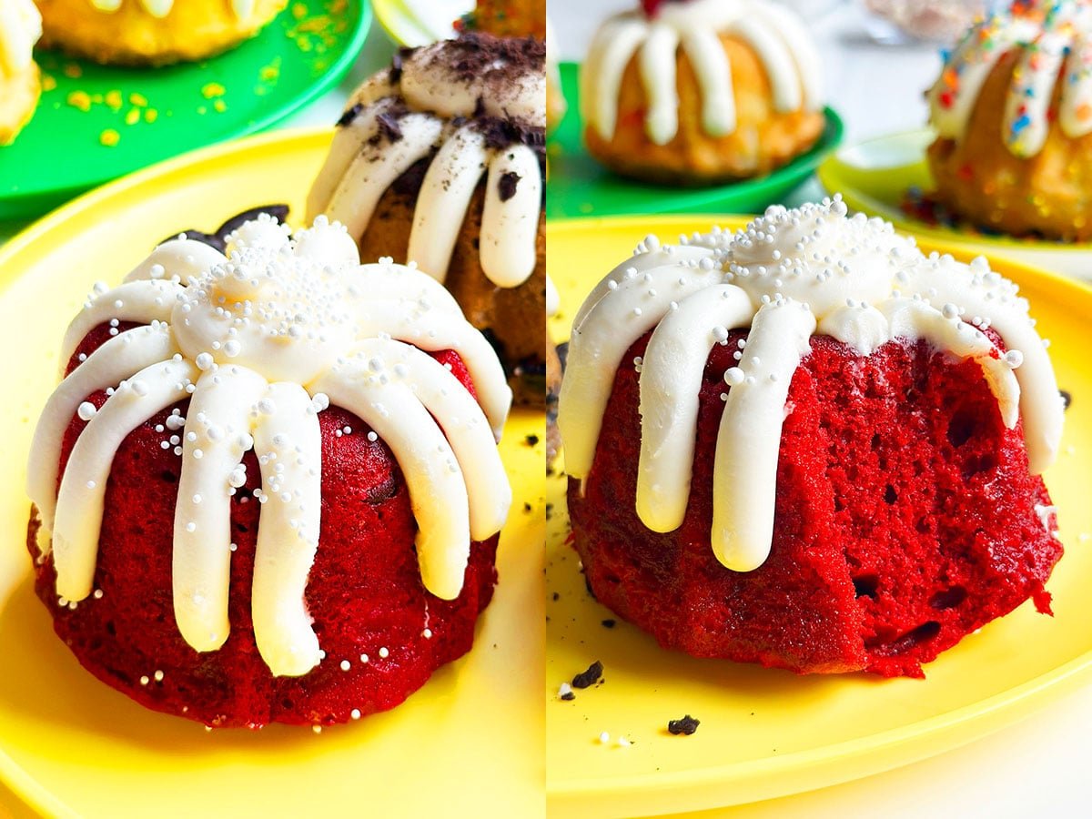 Mini Red Velvet Bundt Cake With Cake Mix and Cream Cheese Frosting on Yellow Dish