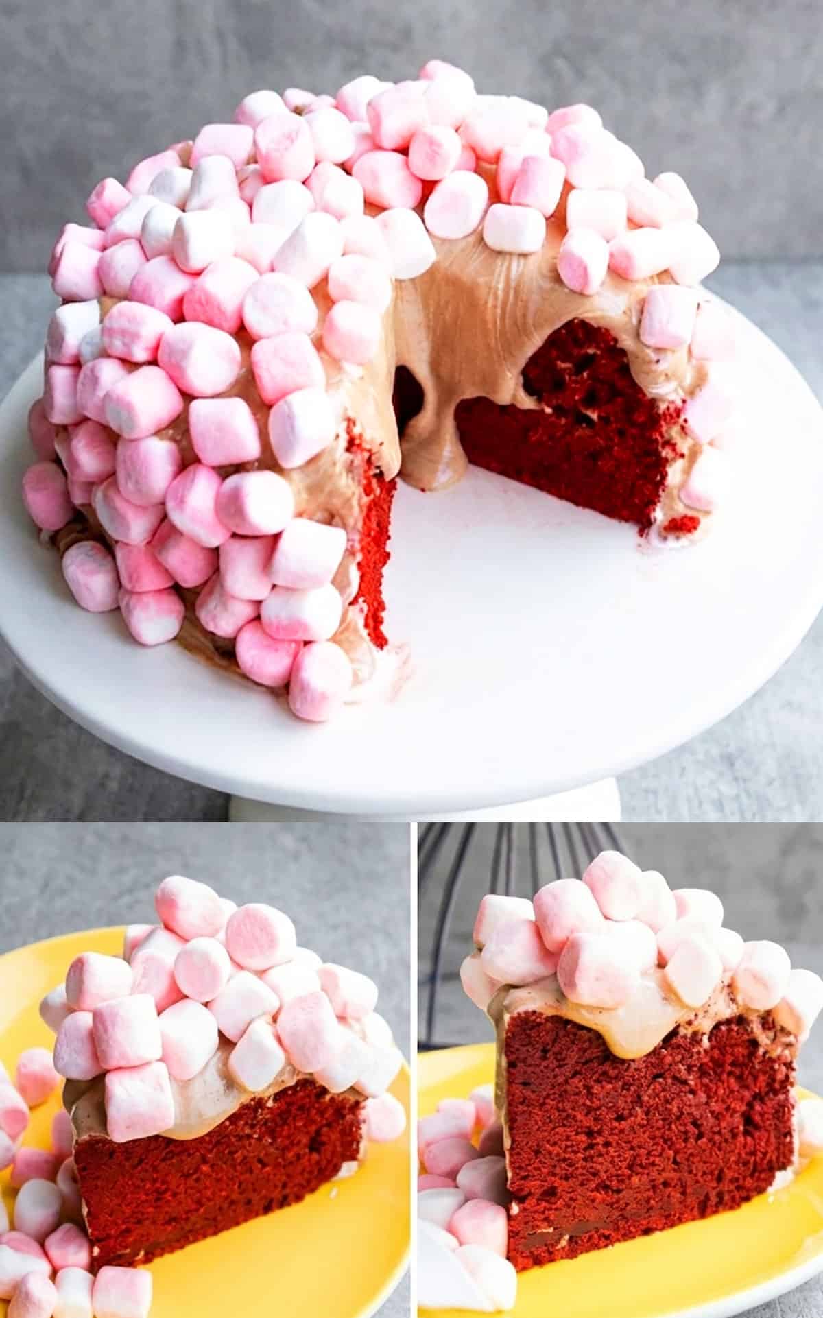 Collage image of dome cake with chocolate marshmallow fluff and mini pink marshmallows. 