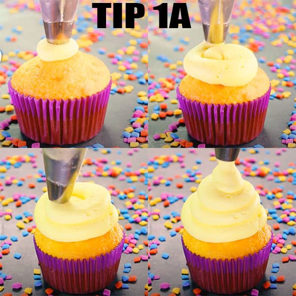 Collage Image With Step by Step Pictures on How to Pipe Cupcake Swirl With Tip 1A 