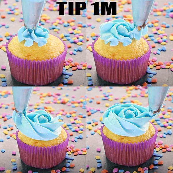Collage Image With Step by Step Pictures on How to Pipe Cupcakes With Tip 1M in a Rose