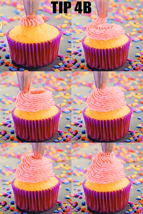 Collage Image With Step by Step Pictures on How to Pipe Cupcake Swirl With Tip 4B 
