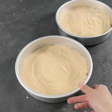 Cake batter spread out in two pans. 