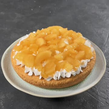 Pie filling spread on top of frosted cake. 