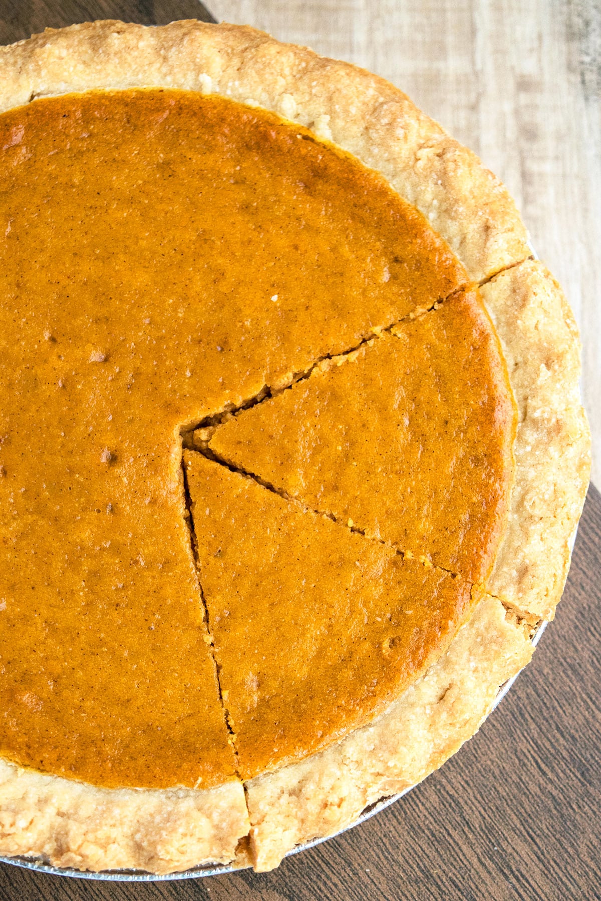 Best Thanksgiving Pie on Wood Background- Overhead Shot.